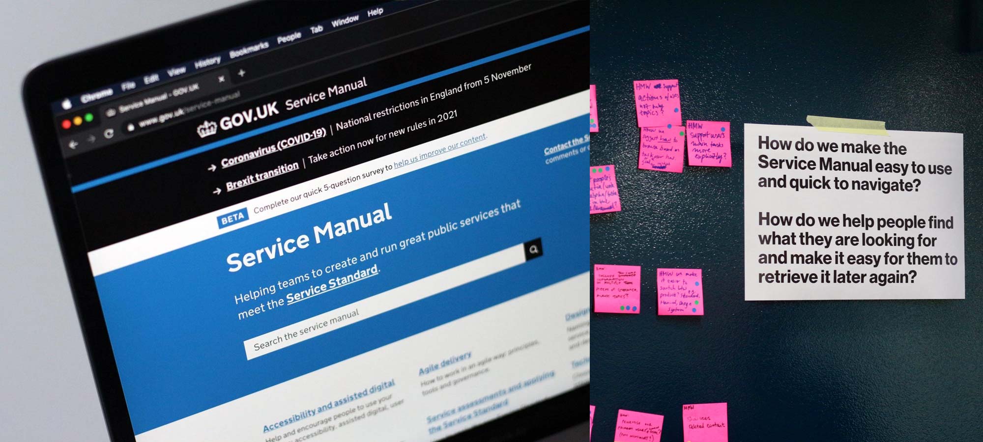 Landing page of the GOV.UK Services Manual and a wall with sticky notes in a team workshop